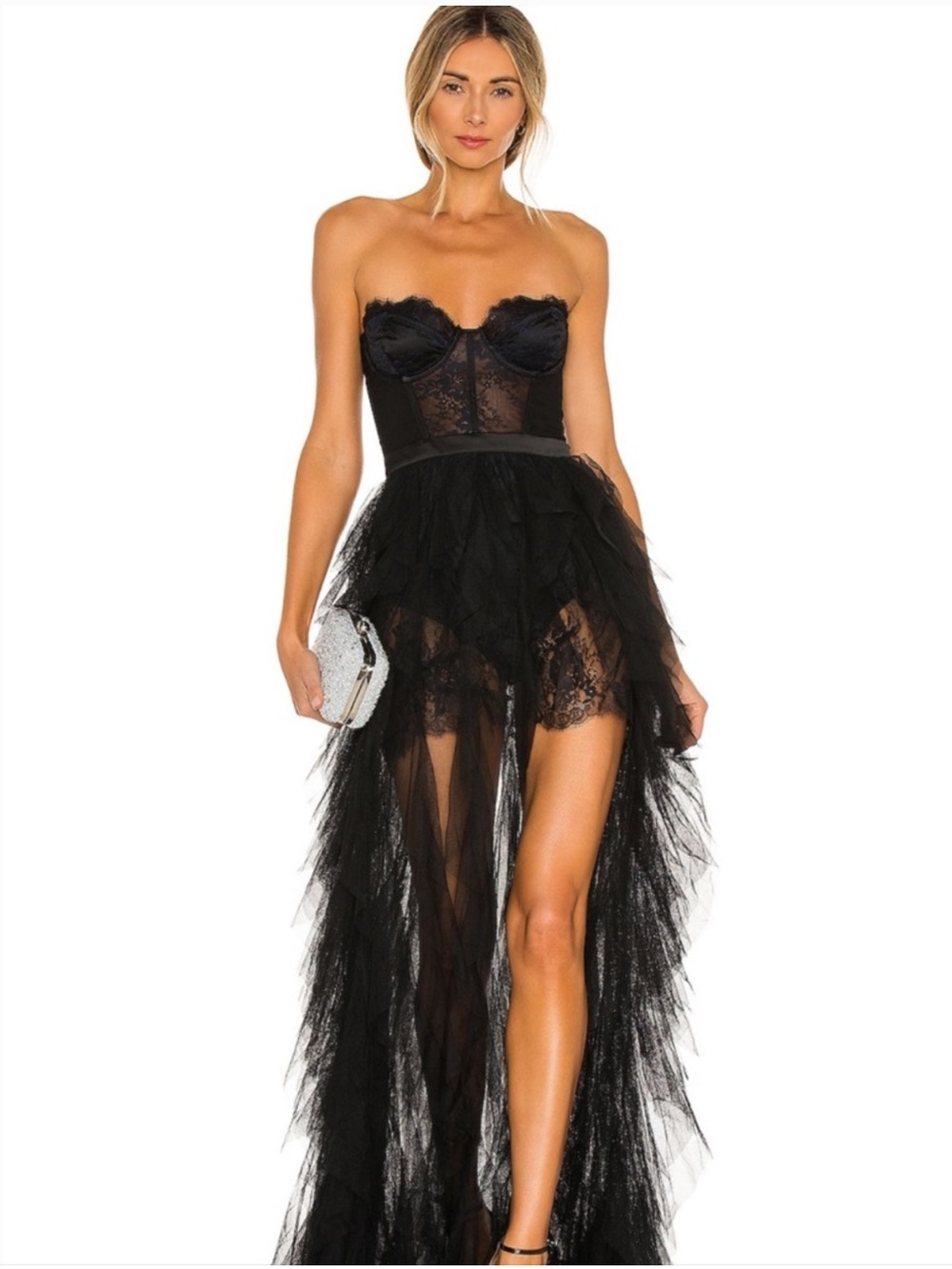 For Love & Lemons Black Strapless Lace Bustier High-Low Tulle Gown - Picture 2 of 12